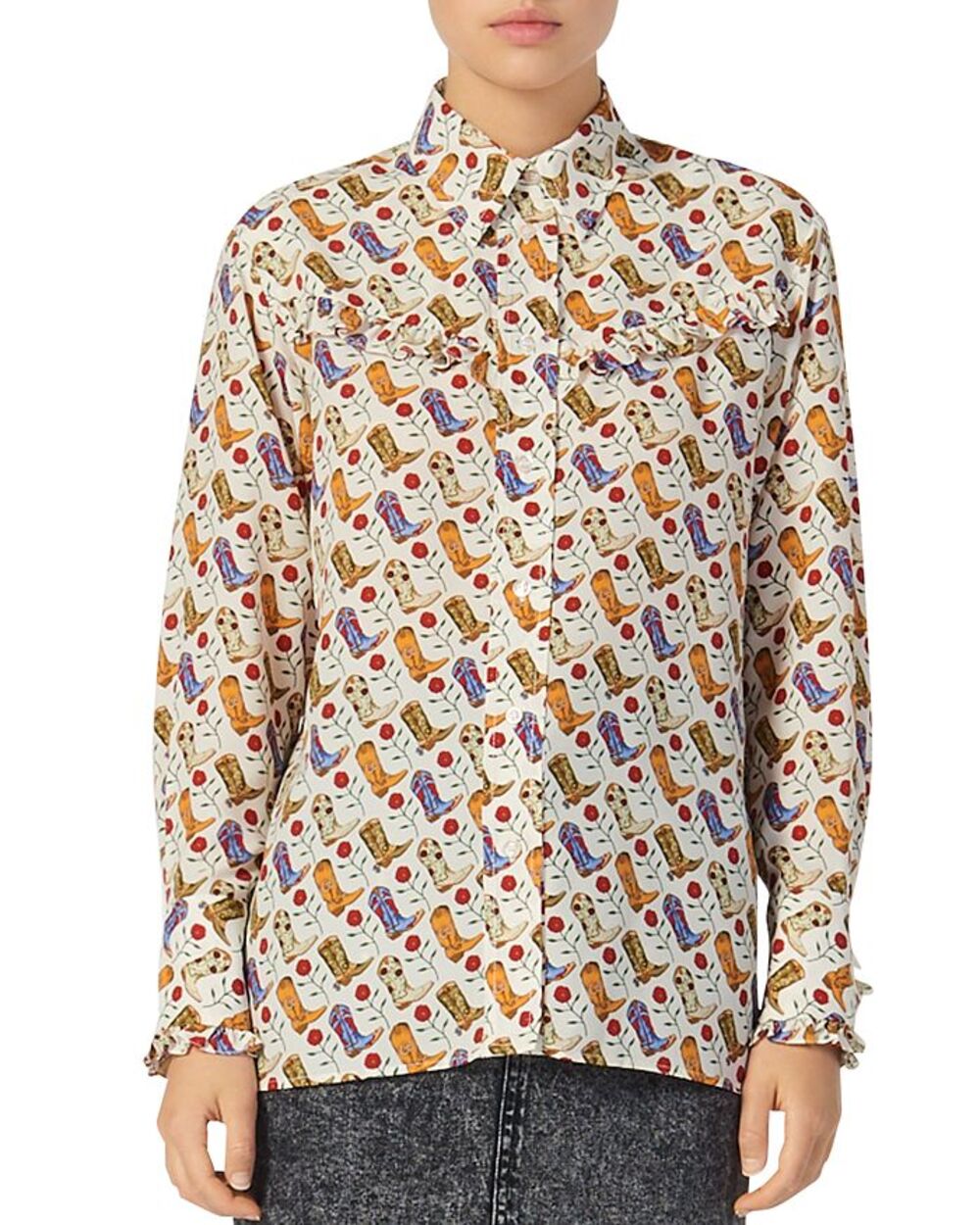 Sandro Cream Cowboy Boot Printed French Western Ruffle Button Down Shirt Blouse